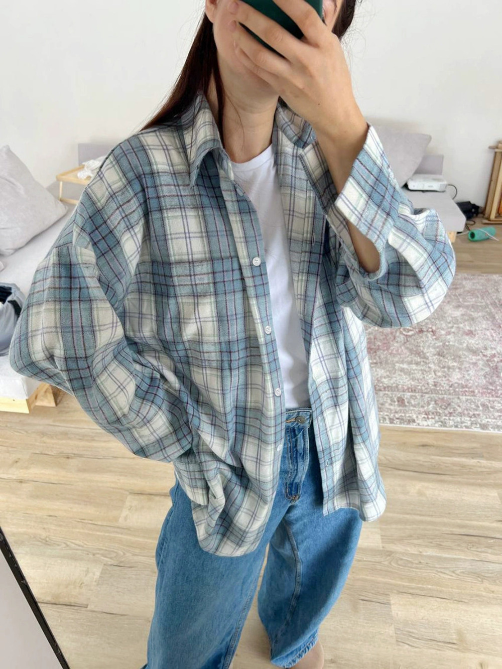 Forever 21 Classic Plaid Shirt Long Sleeve Notch Lapel Casual Loose Spring